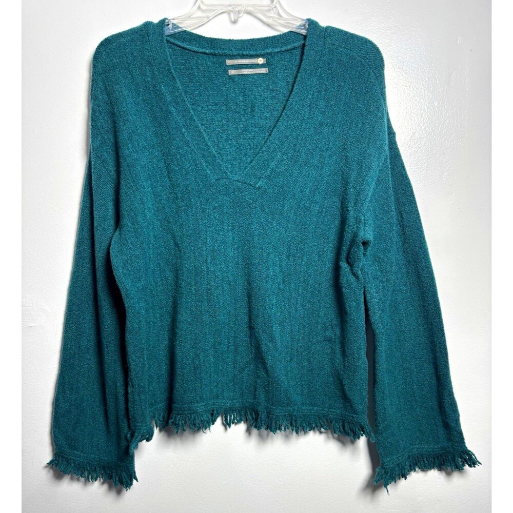 Anthropologie Women’s S Teal Solid Knit V-Neck Lg Sleeve Fringe Hem Pullover